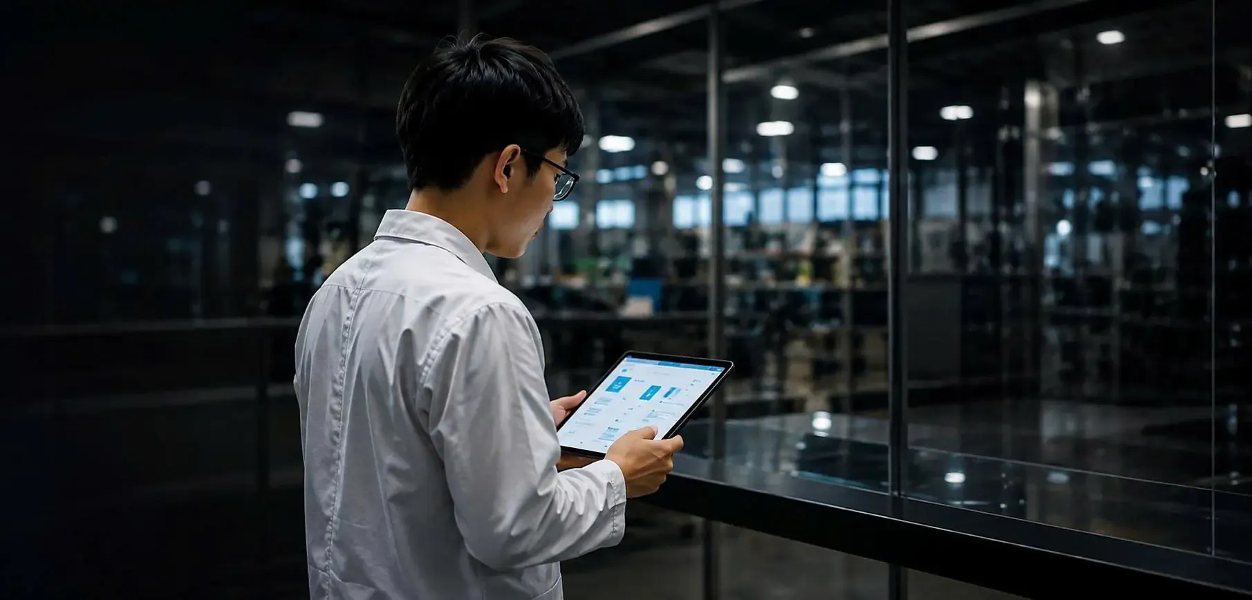 Kỹ sư kiểm tra dữ liệu sản phẩm trên máy tính bảng trong nhà máy